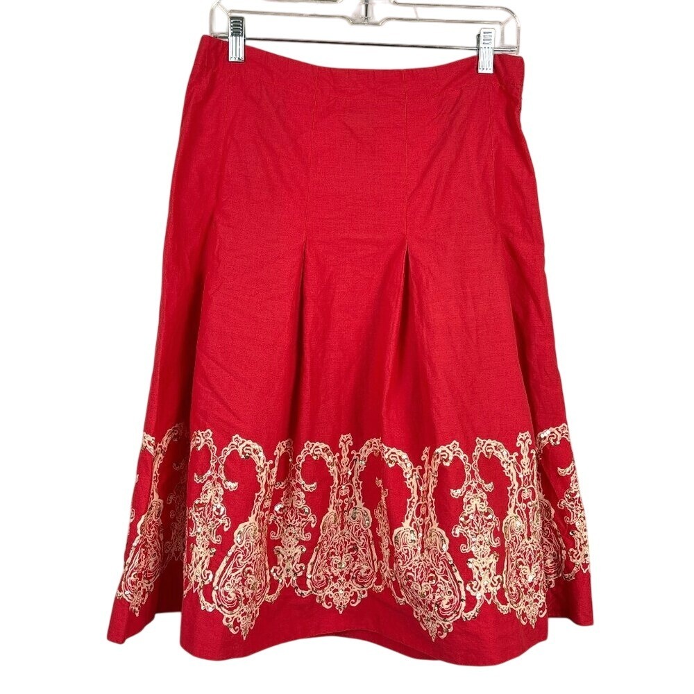Tommy Hilfiger Women's Red Cotton Skirt Embroidered Cream Sequin Festival Size 4